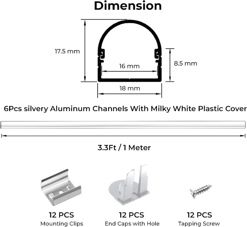 VST 6Pack 3.3FT/1M Excellent Spotless LED Channel System with Milky White Cover Silver Aluminum U Shape LED Channel for LED Strip Lights - Image 3